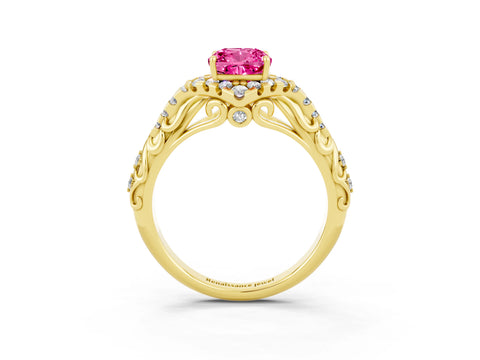 Yellow gold Cushion Cut Pink Sapphire Solitaire Ring with Hidden Halo and Pavé Band_15