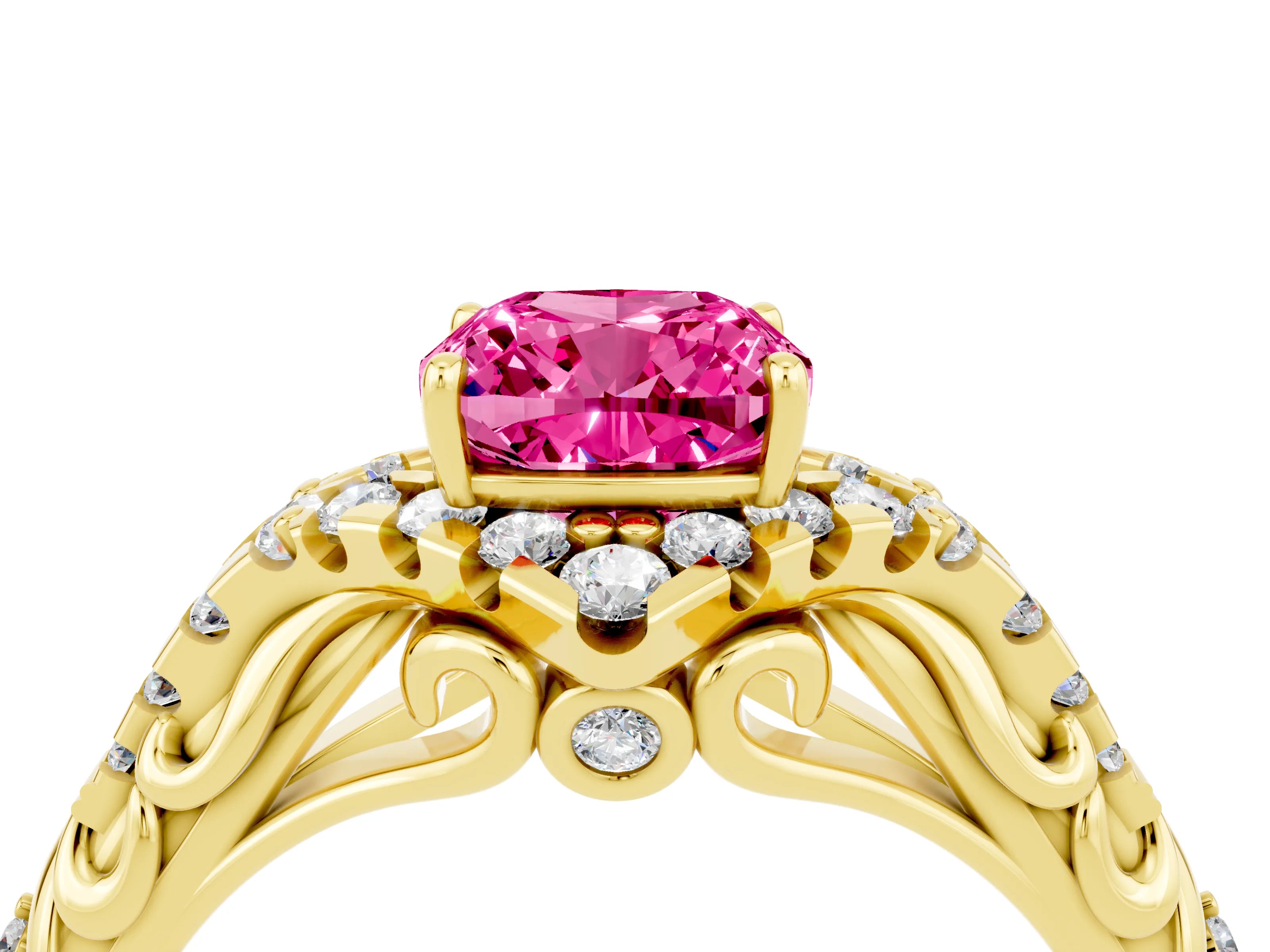 Yellow gold Cushion Cut Pink Sapphire Solitaire Ring with Hidden Halo and Pavé Band_16