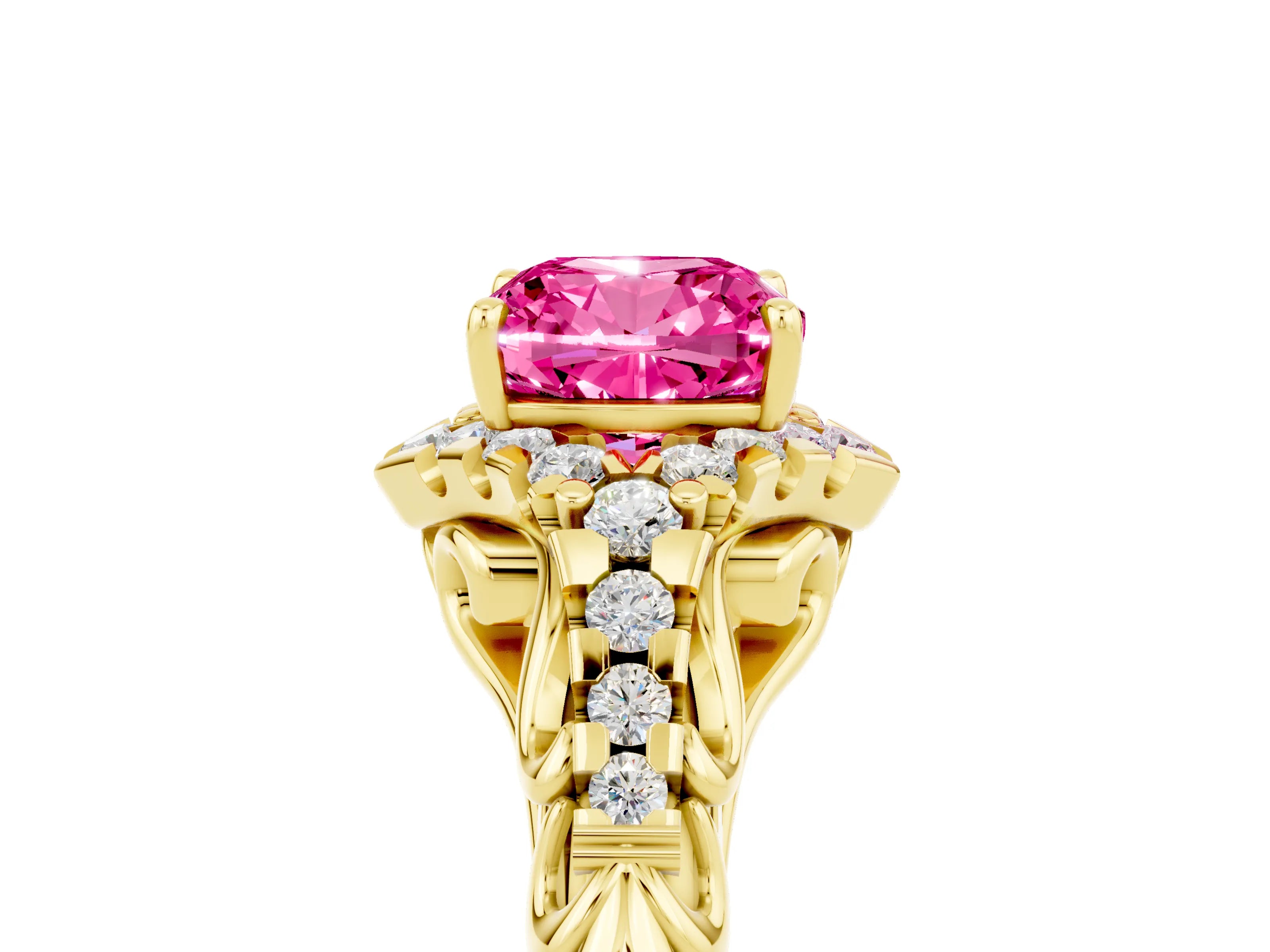 Yellow gold Cushion Cut Pink Sapphire Solitaire Ring with Hidden Halo and Pavé Band_17