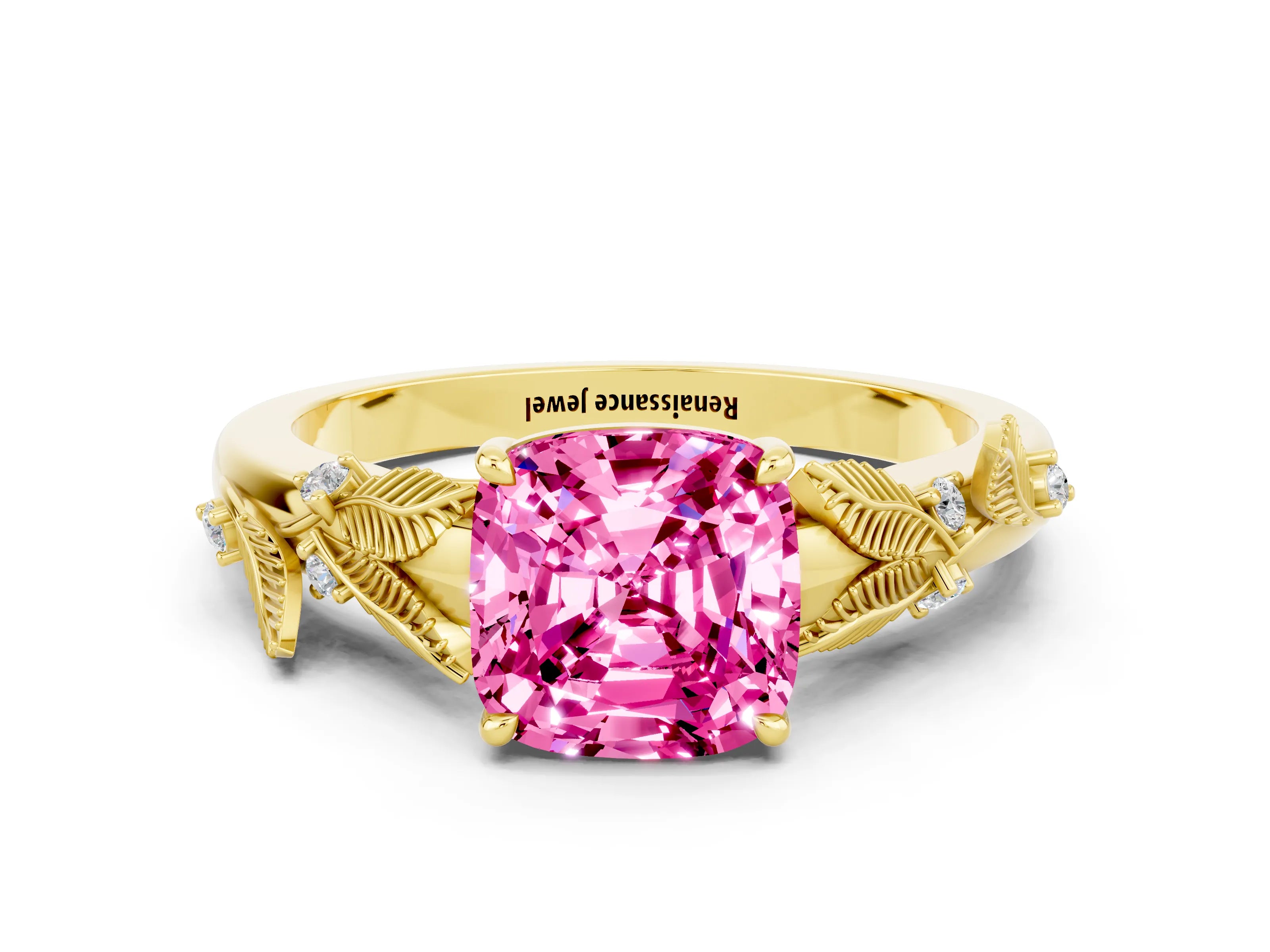 Yellow gold Cushion Cut Pink Sapphire Solitaire Ring with Leaf Motif Band and Four-Prong Setting