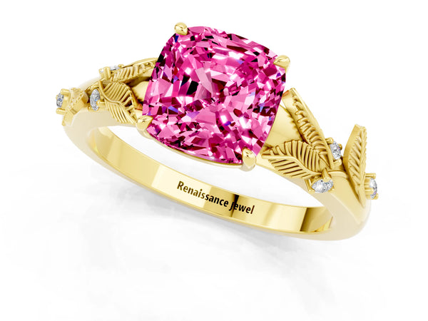 Yellow gold Cushion Cut Pink Sapphire Solitaire Ring with Leaf Motif Band and Four-Prong Setting