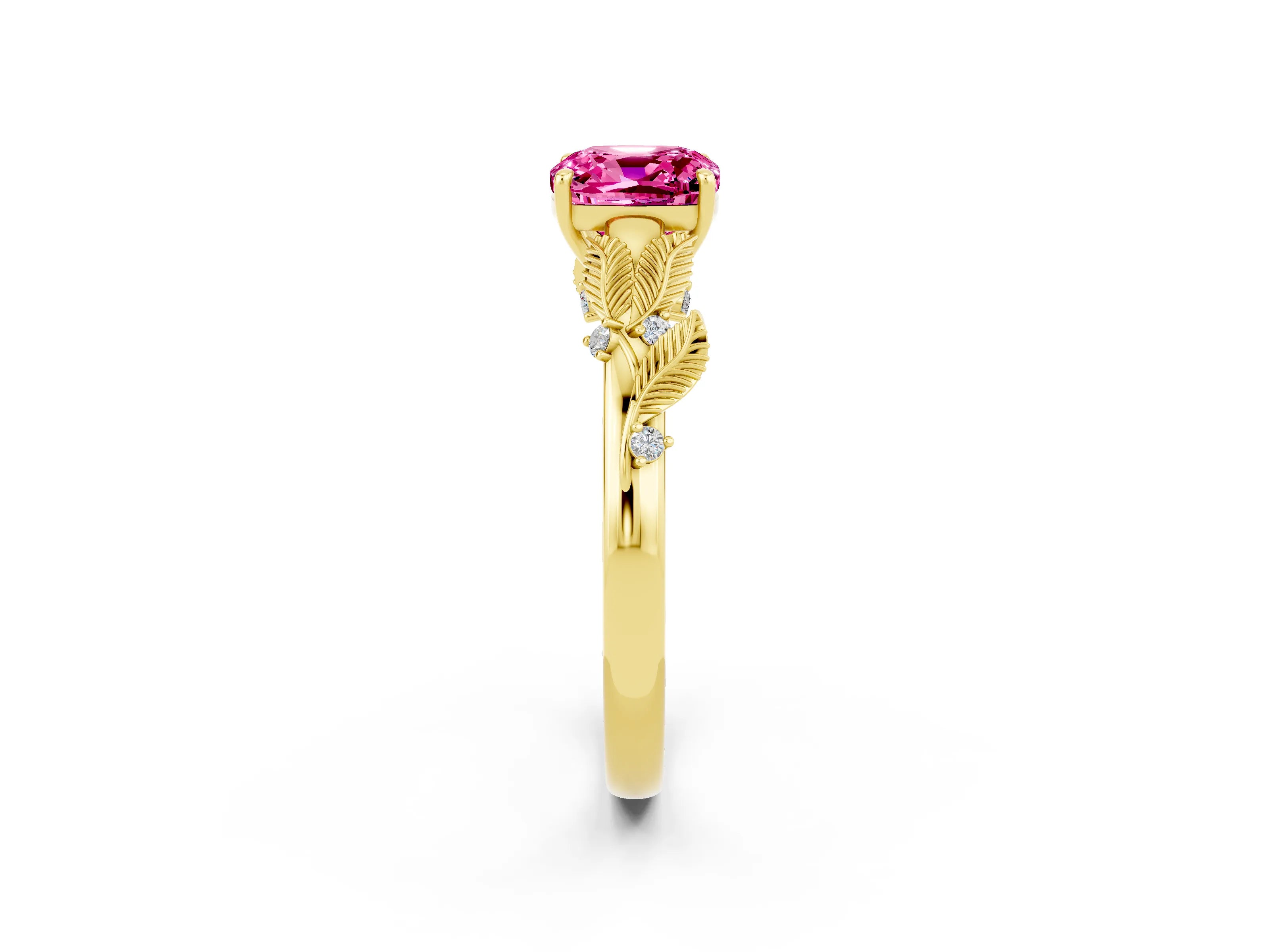 Yellow gold Cushion Cut Pink Sapphire Solitaire Ring with Leaf Motif Band and Four-Prong Setting_2