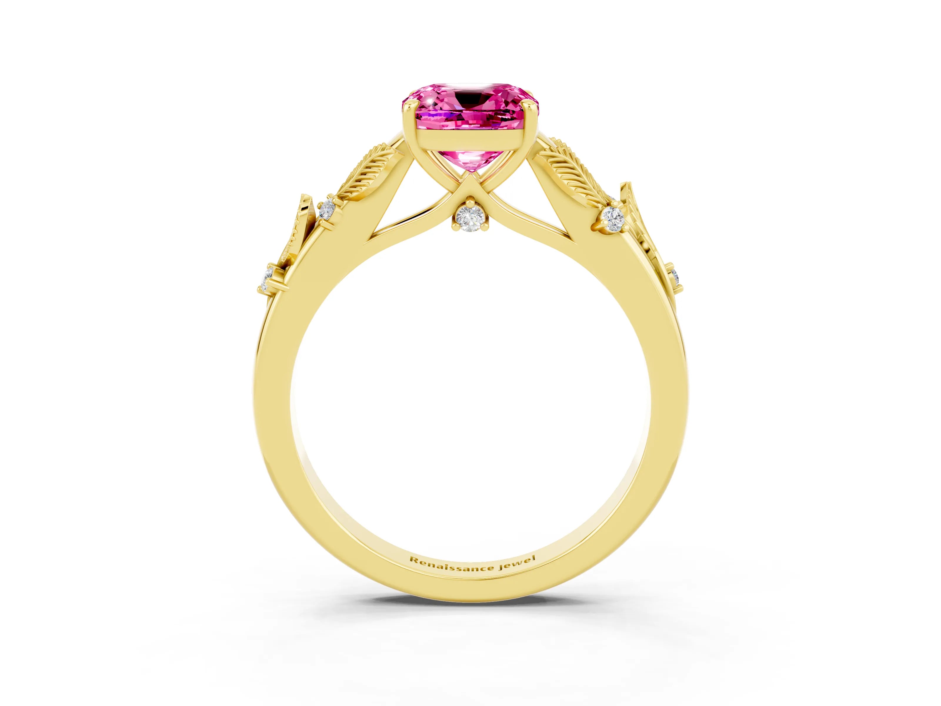 Yellow gold Cushion Cut Pink Sapphire Solitaire Ring with Leaf Motif Band and Four-Prong Setting_3