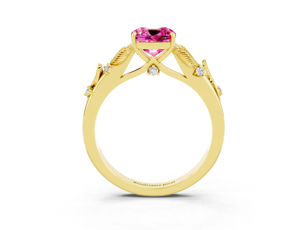 Yellow gold Cushion Cut Pink Sapphire Solitaire Ring with Leaf Motif Band and Four-Prong Setting