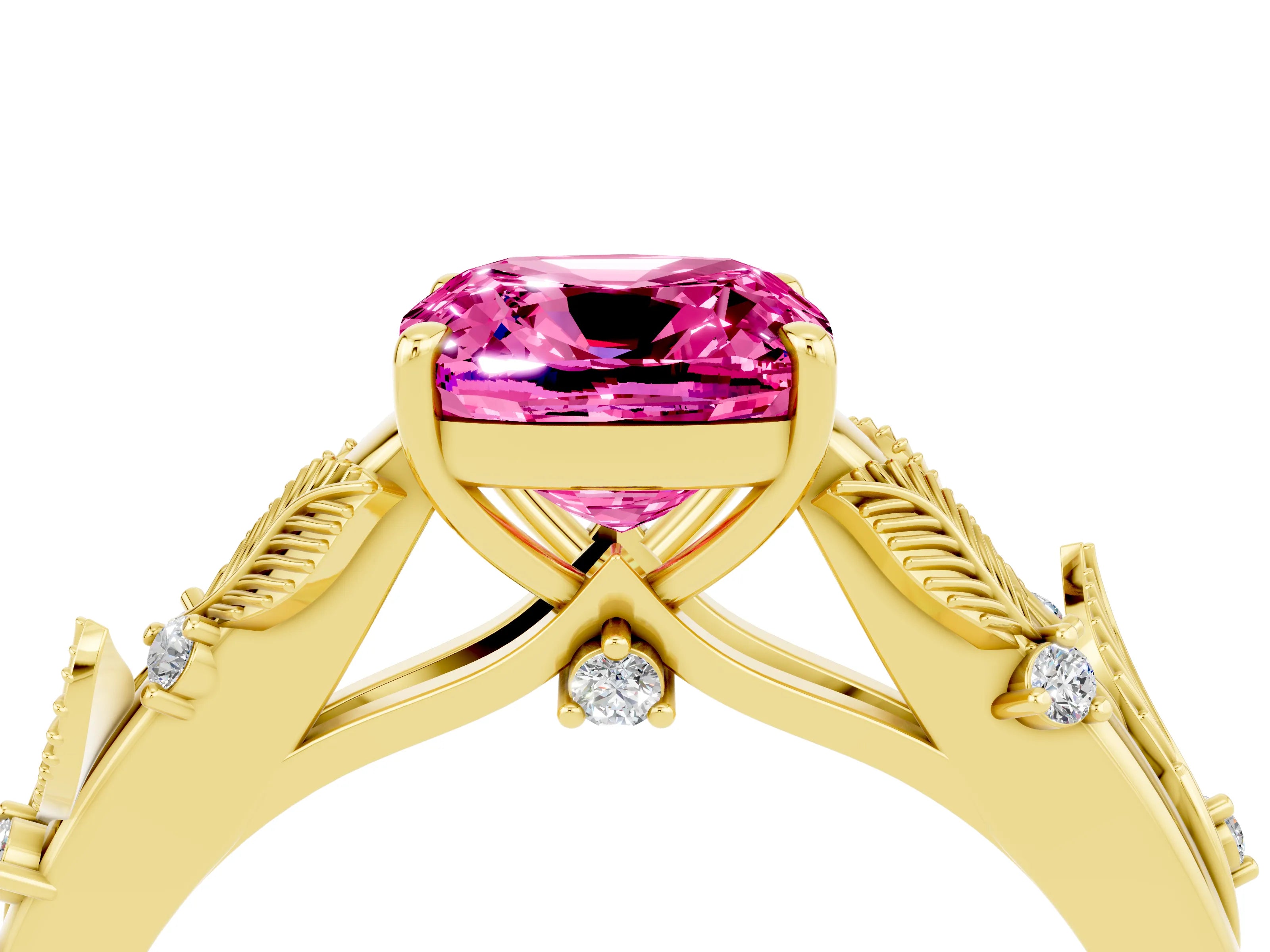 Yellow gold Cushion Cut Pink Sapphire Solitaire Ring with Leaf Motif Band and Four-Prong Setting_4