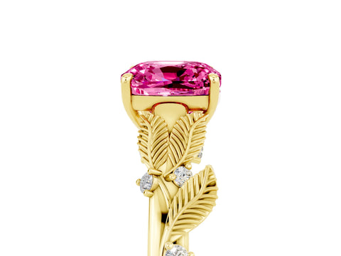 Yellow gold Cushion Cut Pink Sapphire Solitaire Ring with Leaf Motif Band and Four-Prong Setting_5