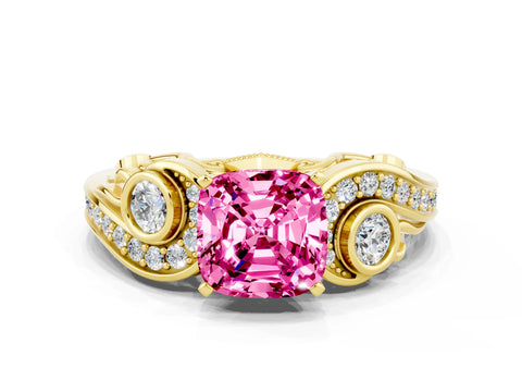 Yellow gold Cushion Cut Pink Sapphire Solitaire Ring with Milgrain Pavé Band and Four-Prong Setting_24