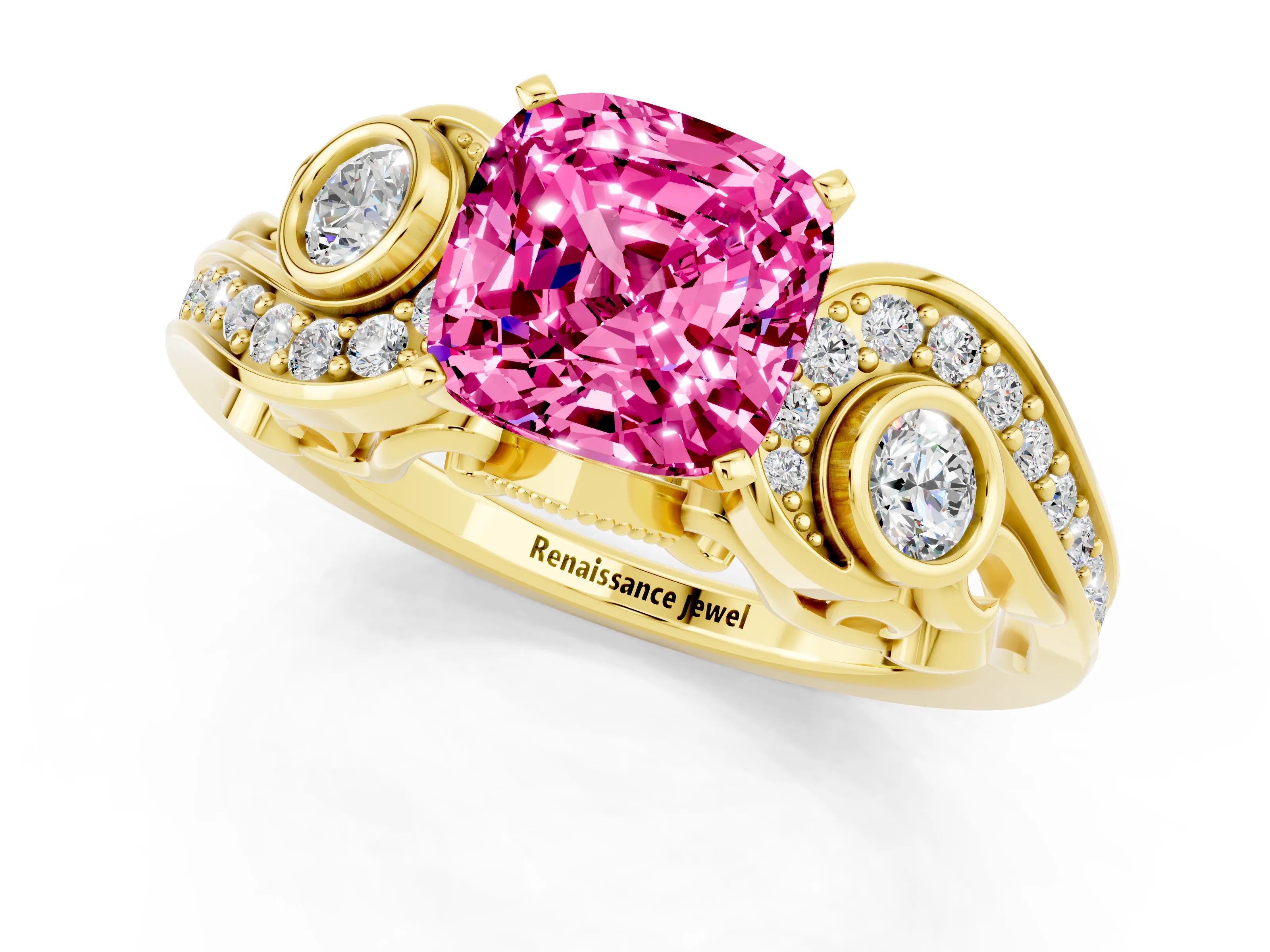 Yellow gold Cushion Cut Pink Sapphire Solitaire Ring with Milgrain Pavé Band and Four-Prong Setting_25