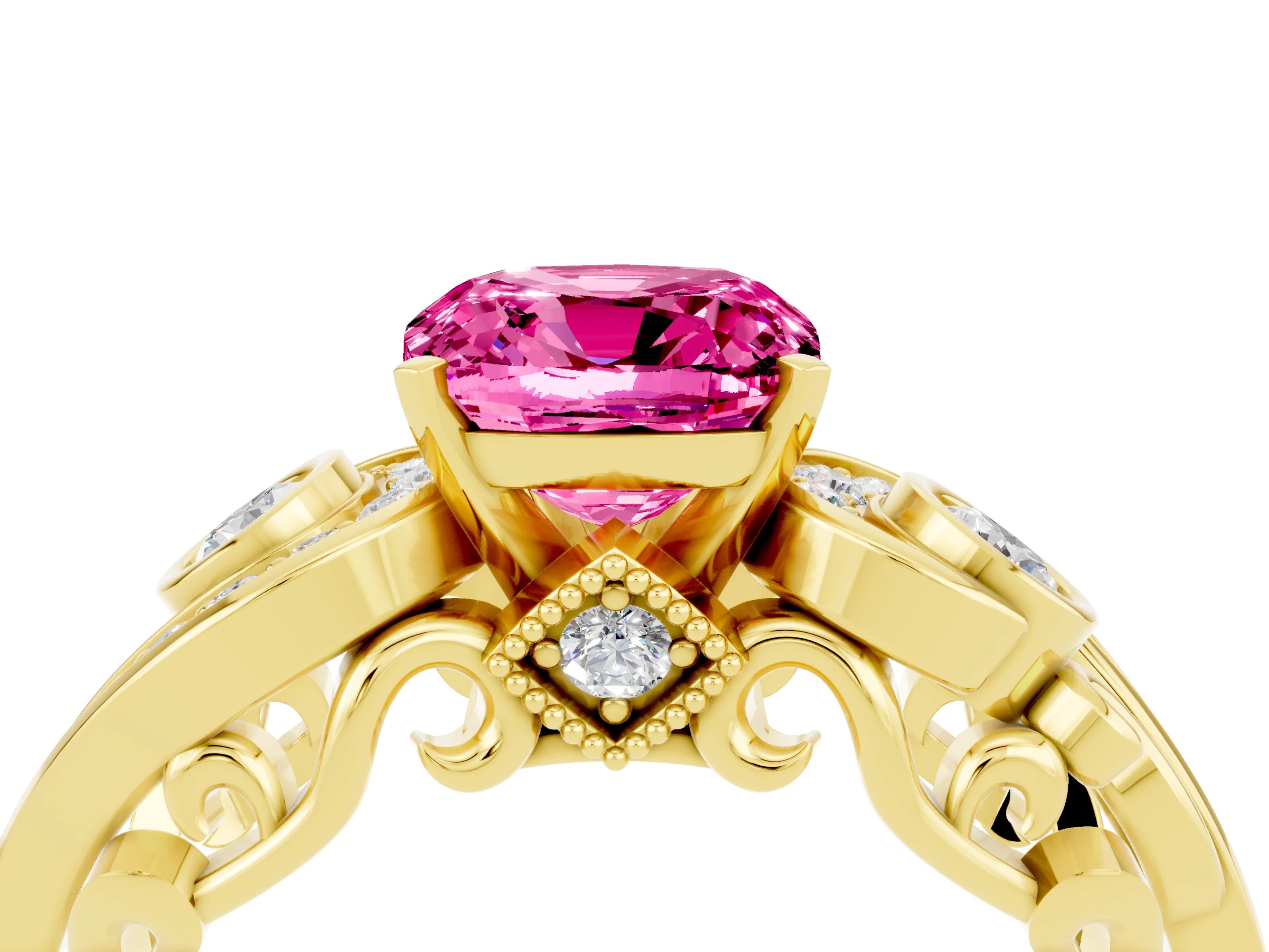 Yellow gold Cushion Cut Pink Sapphire Solitaire Ring with Milgrain Pavé Band and Four-Prong Setting_28