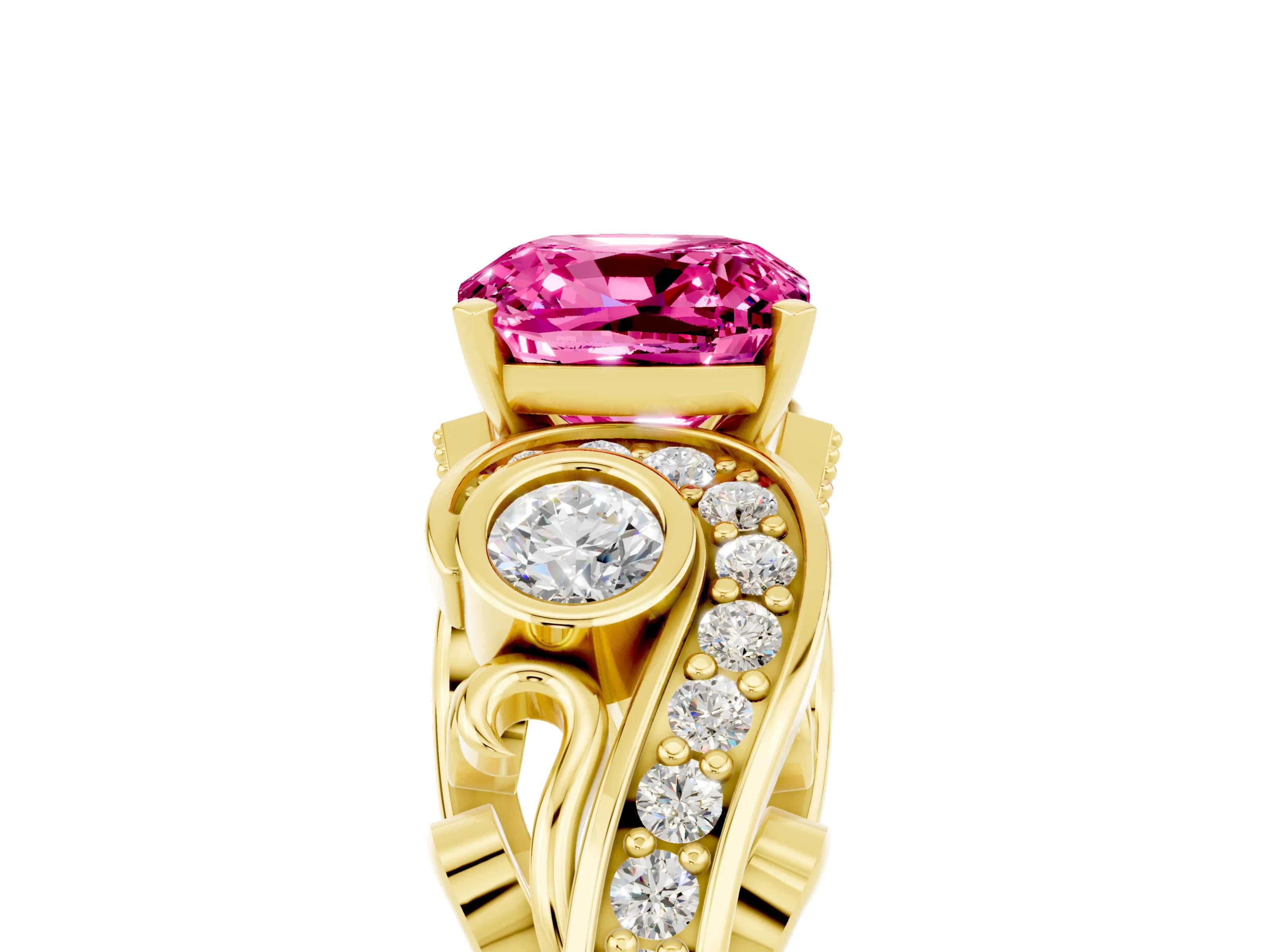 Yellow gold Cushion Cut Pink Sapphire Solitaire Ring with Milgrain Pavé Band and Four-Prong Setting_29