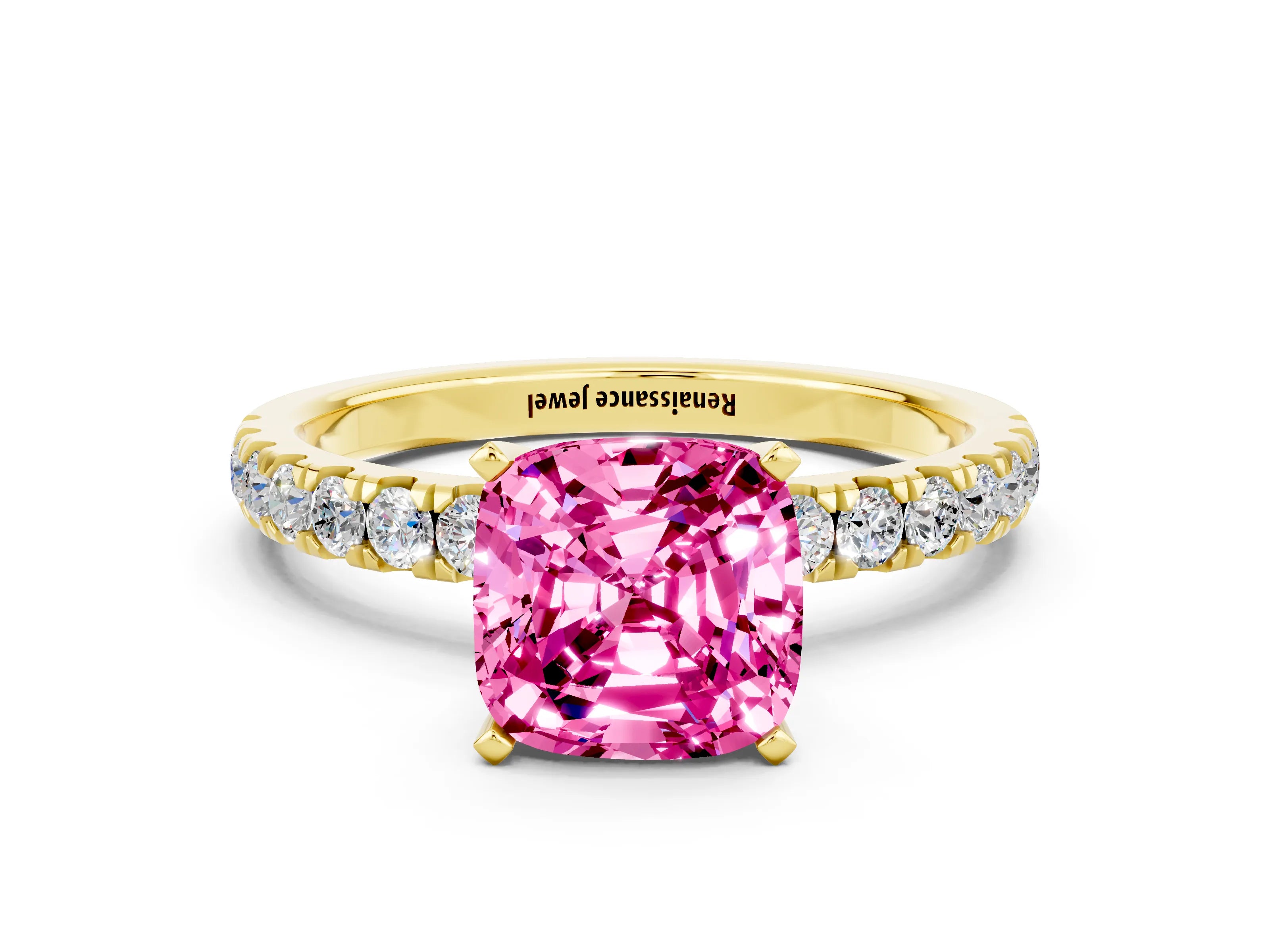 Yellow gold Cushion Cut Pink Sapphire Solitaire Ring with Pavé Accents and Four-Prong Setting_24
