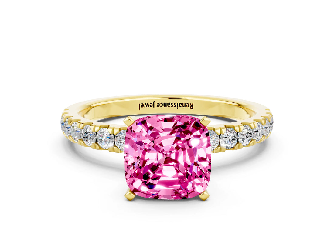 Yellow gold Cushion Cut Pink Sapphire Solitaire Ring with Pavé Accents and Four-Prong Setting_24