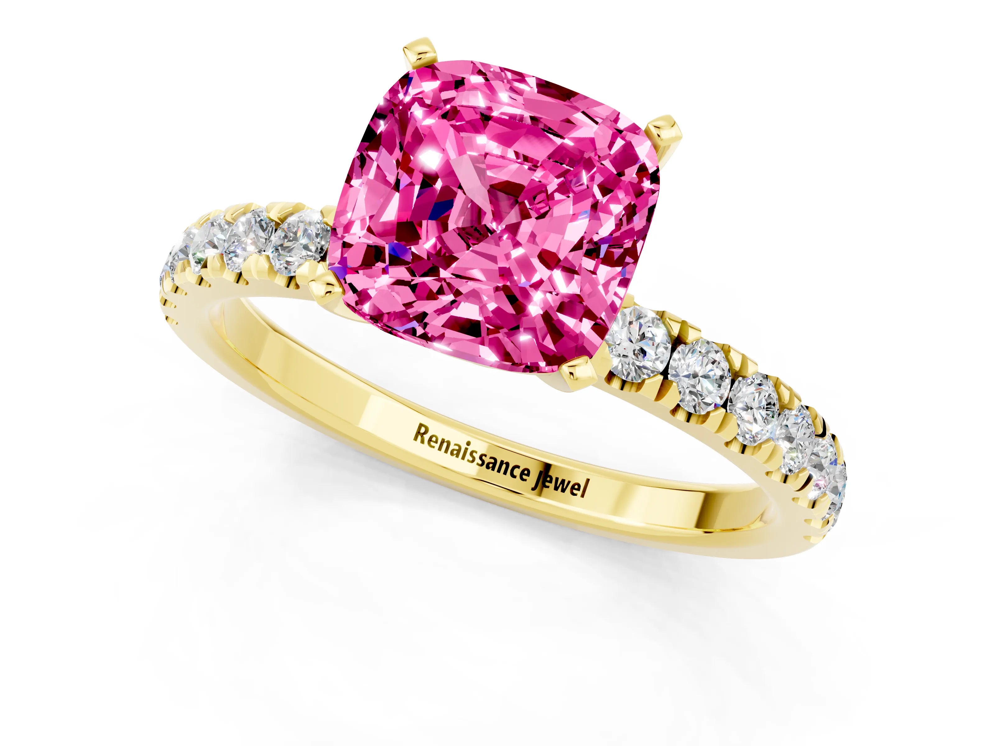 Yellow gold Cushion Cut Pink Sapphire Solitaire Ring with Pavé Accents and Four-Prong Setting_25