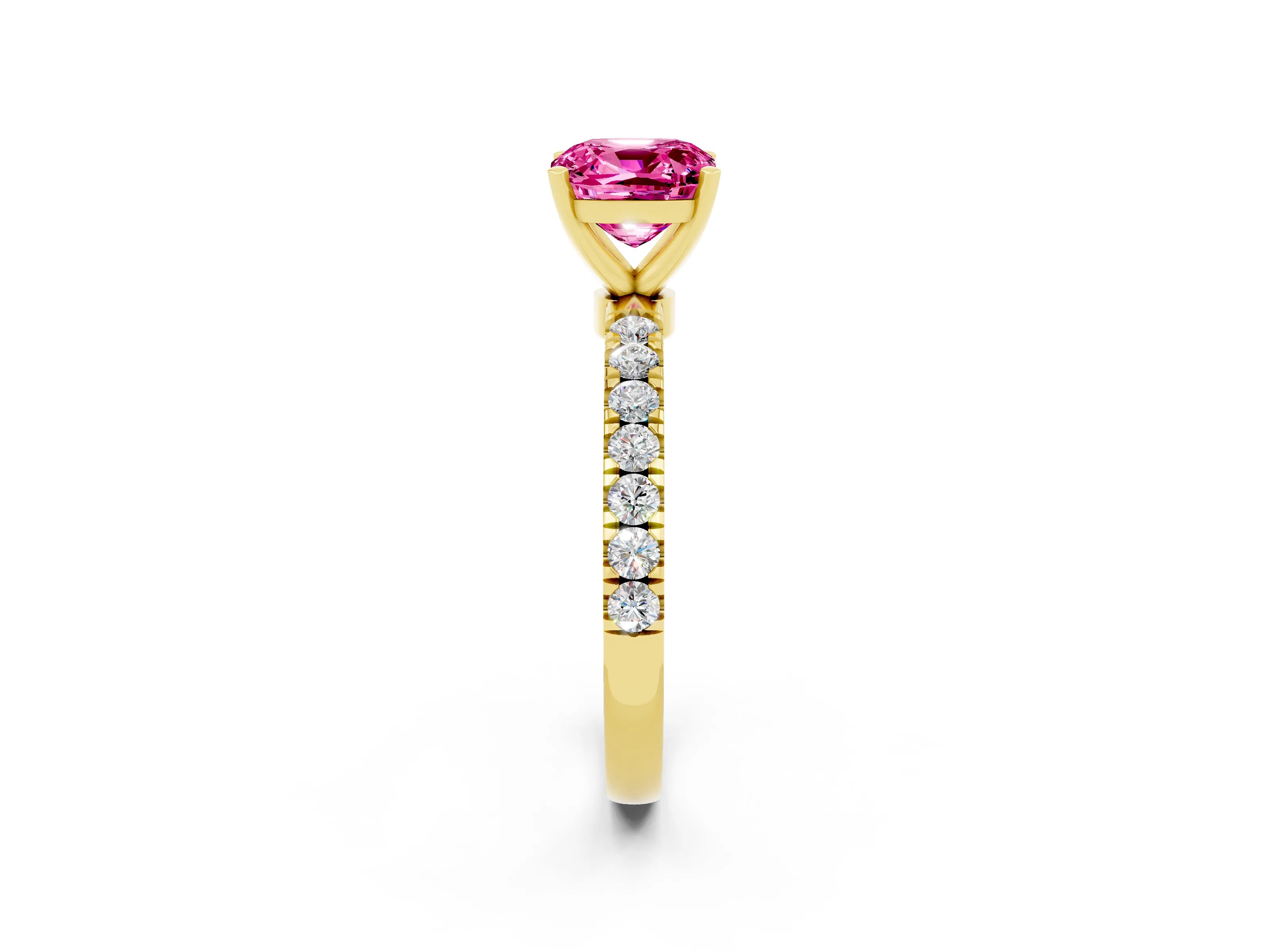 Yellow gold Cushion Cut Pink Sapphire Solitaire Ring with Pavé Accents and Four-Prong Setting_26