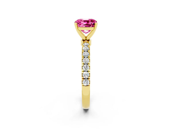 Yellow gold Cushion Cut Pink Sapphire Solitaire Ring with Pavé Accents and Four-Prong Setting