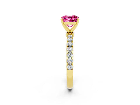 Yellow gold Cushion Cut Pink Sapphire Solitaire Ring with Pavé Accents and Four-Prong Setting_26