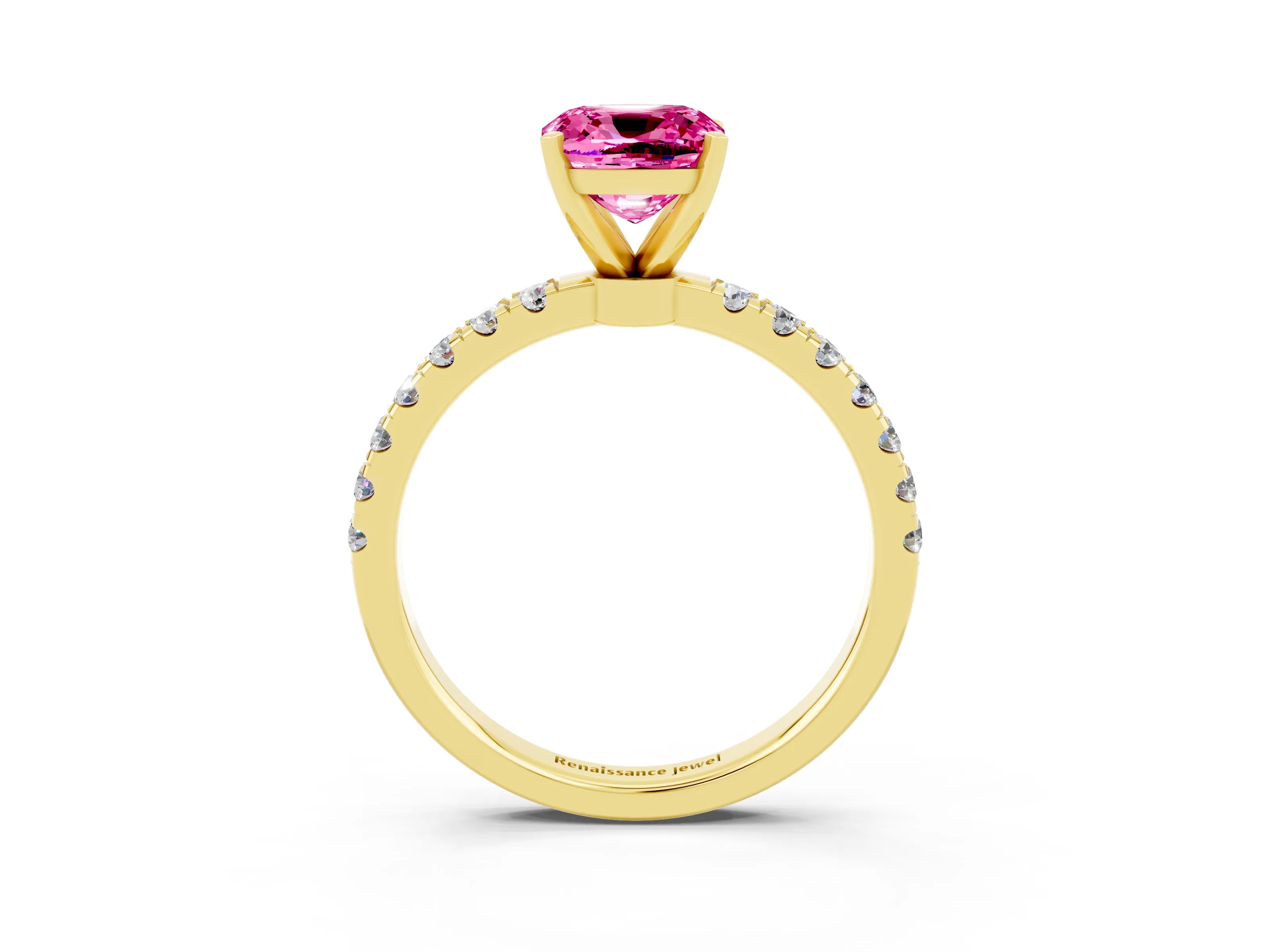 Yellow gold Cushion Cut Pink Sapphire Solitaire Ring with Pavé Accents and Four-Prong Setting_27