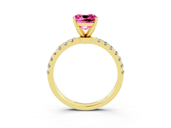 Yellow gold Cushion Cut Pink Sapphire Solitaire Ring with Pavé Accents and Four-Prong Setting