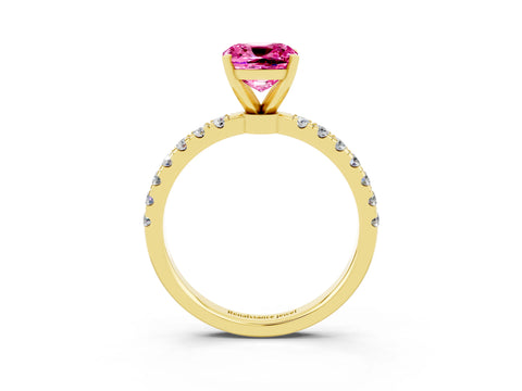 Yellow gold Cushion Cut Pink Sapphire Solitaire Ring with Pavé Accents and Four-Prong Setting_27