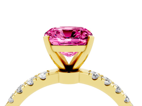 Yellow gold Cushion Cut Pink Sapphire Solitaire Ring with Pavé Accents and Four-Prong Setting_28
