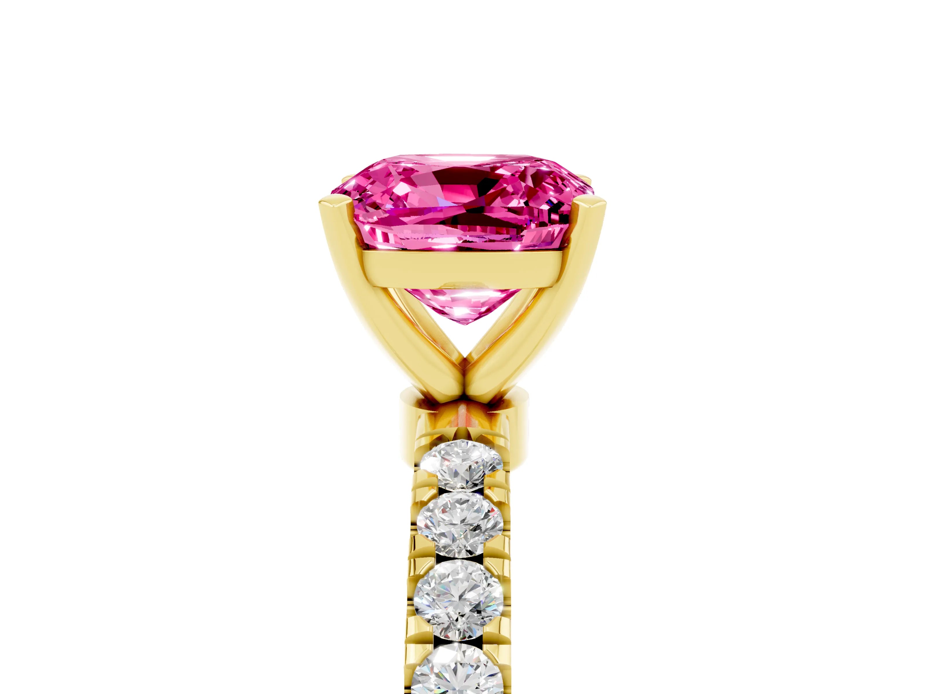 Yellow gold Cushion Cut Pink Sapphire Solitaire Ring with Pavé Accents and Four-Prong Setting_29
