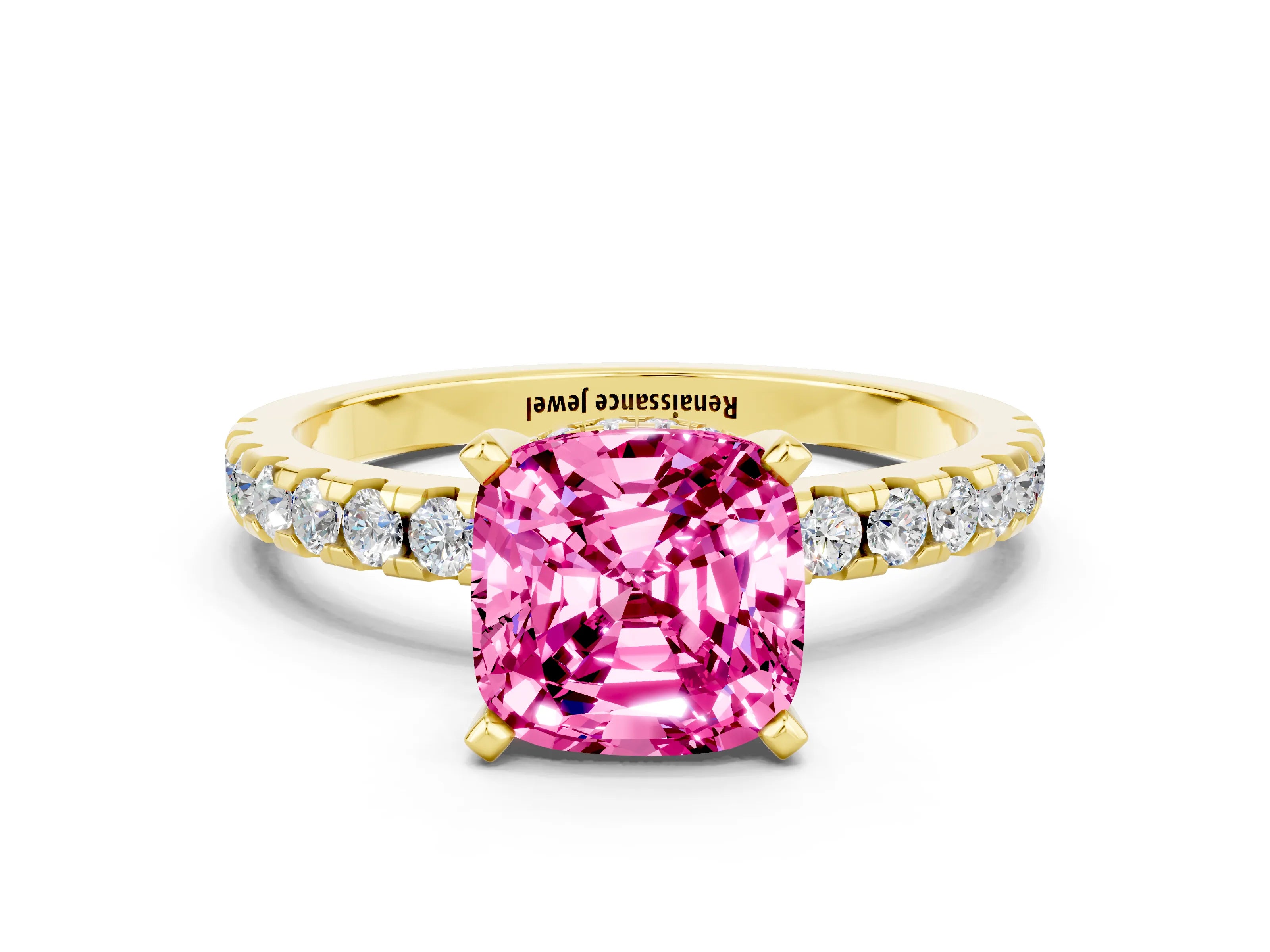 Yellow gold Cushion Cut Pink Sapphire Solitaire Ring with Pavé Band and Four-Prong Setting_60