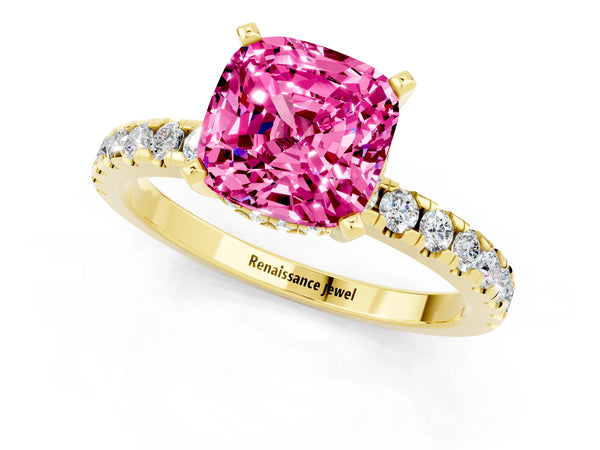 Yellow gold Cushion Cut Pink Sapphire Solitaire Ring with Round  Pavé Band and Four-Prong Setting