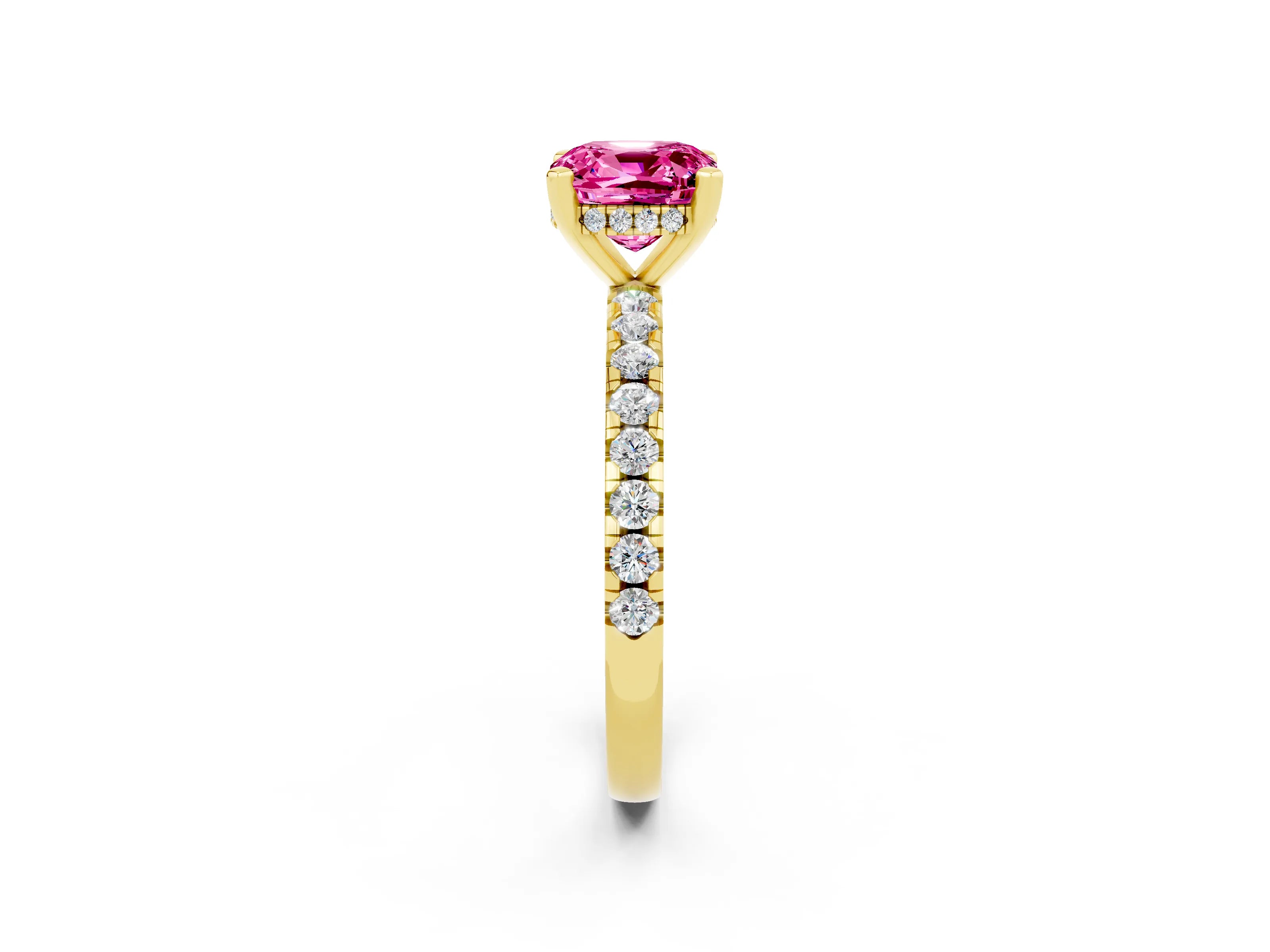 Yellow gold Cushion Cut Pink Sapphire Solitaire Ring with Pavé Band and Four-Prong Setting_62