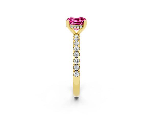 Yellow gold Cushion Cut Pink Sapphire Solitaire Ring with Round  Pavé Band and Four-Prong Setting