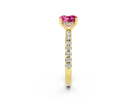 Yellow gold Cushion Cut Pink Sapphire Solitaire Ring with Pavé Band and Four-Prong Setting_62