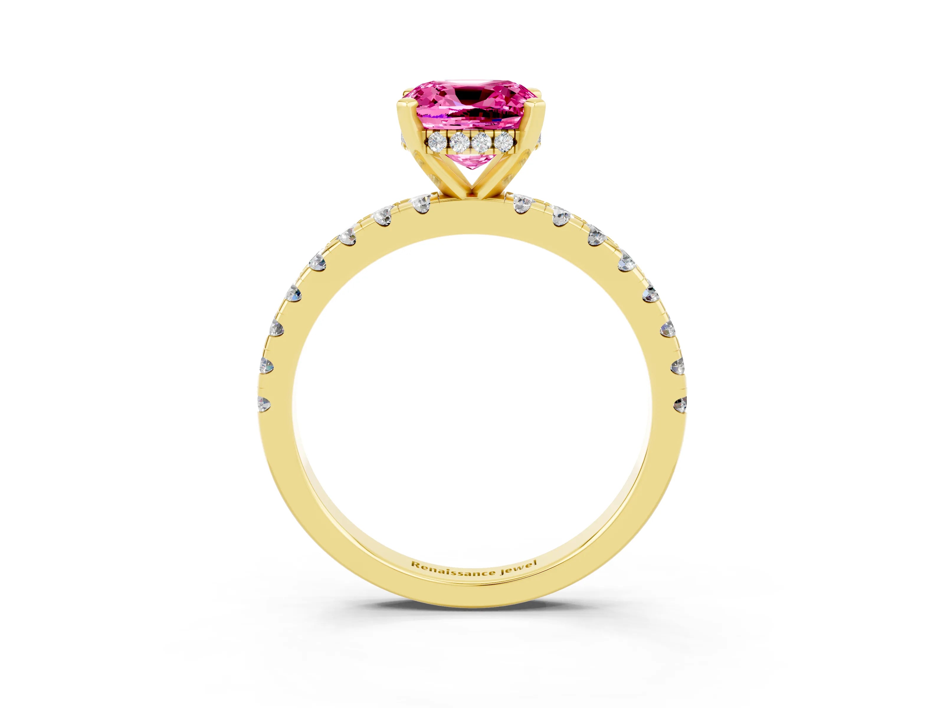 Yellow gold Cushion Cut Pink Sapphire Solitaire Ring with Pavé Band and Four-Prong Setting_63