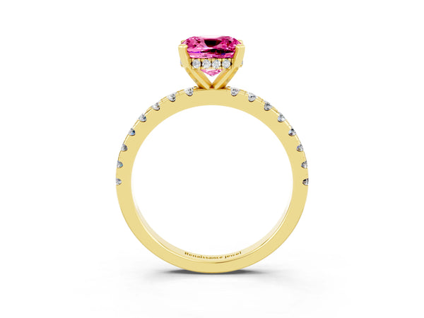 Yellow gold Cushion Cut Pink Sapphire Solitaire Ring with Round  Pavé Band and Four-Prong Setting