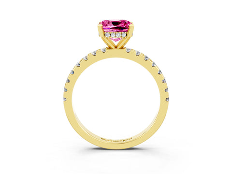 Yellow gold Cushion Cut Pink Sapphire Solitaire Ring with Pavé Band and Four-Prong Setting_63