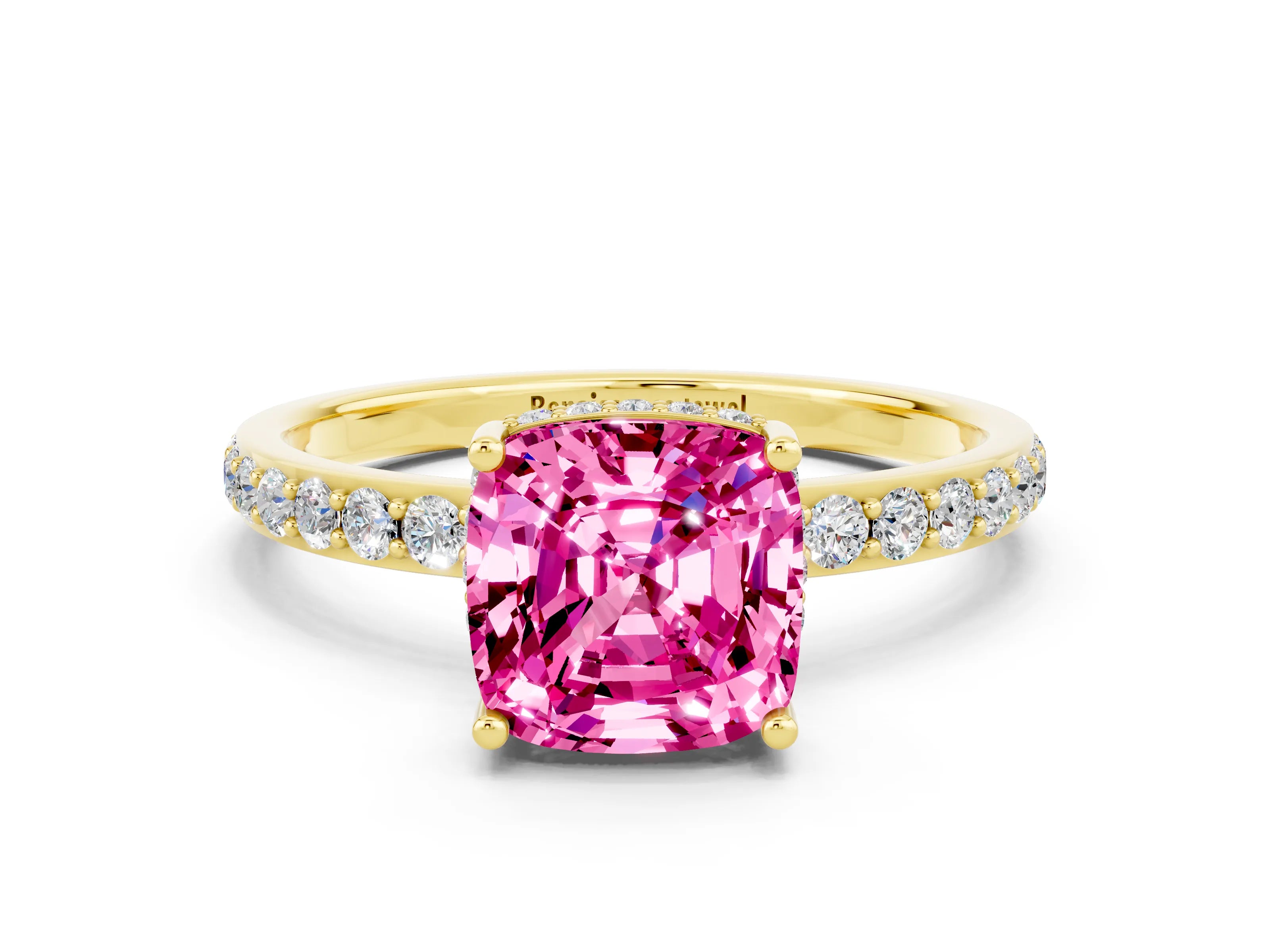 Yellow gold Cushion Cut Pink Sapphire Solitaire Ring with Pavé Band and Hidden Halo_12