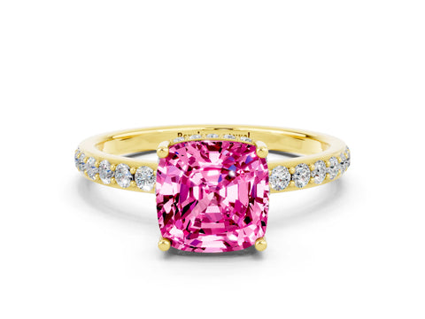 Yellow gold Cushion Cut Pink Sapphire Solitaire Ring with Pavé Band and Hidden Halo_12