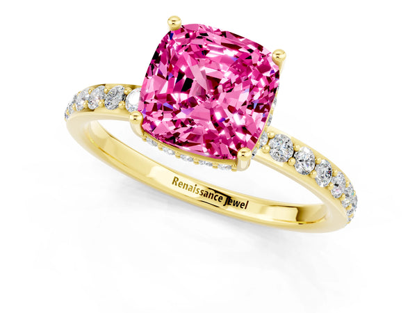 Yellow gold Cushion Cut Pink Sapphire Solitaire Ring with Pavé Band and Hidden Halo