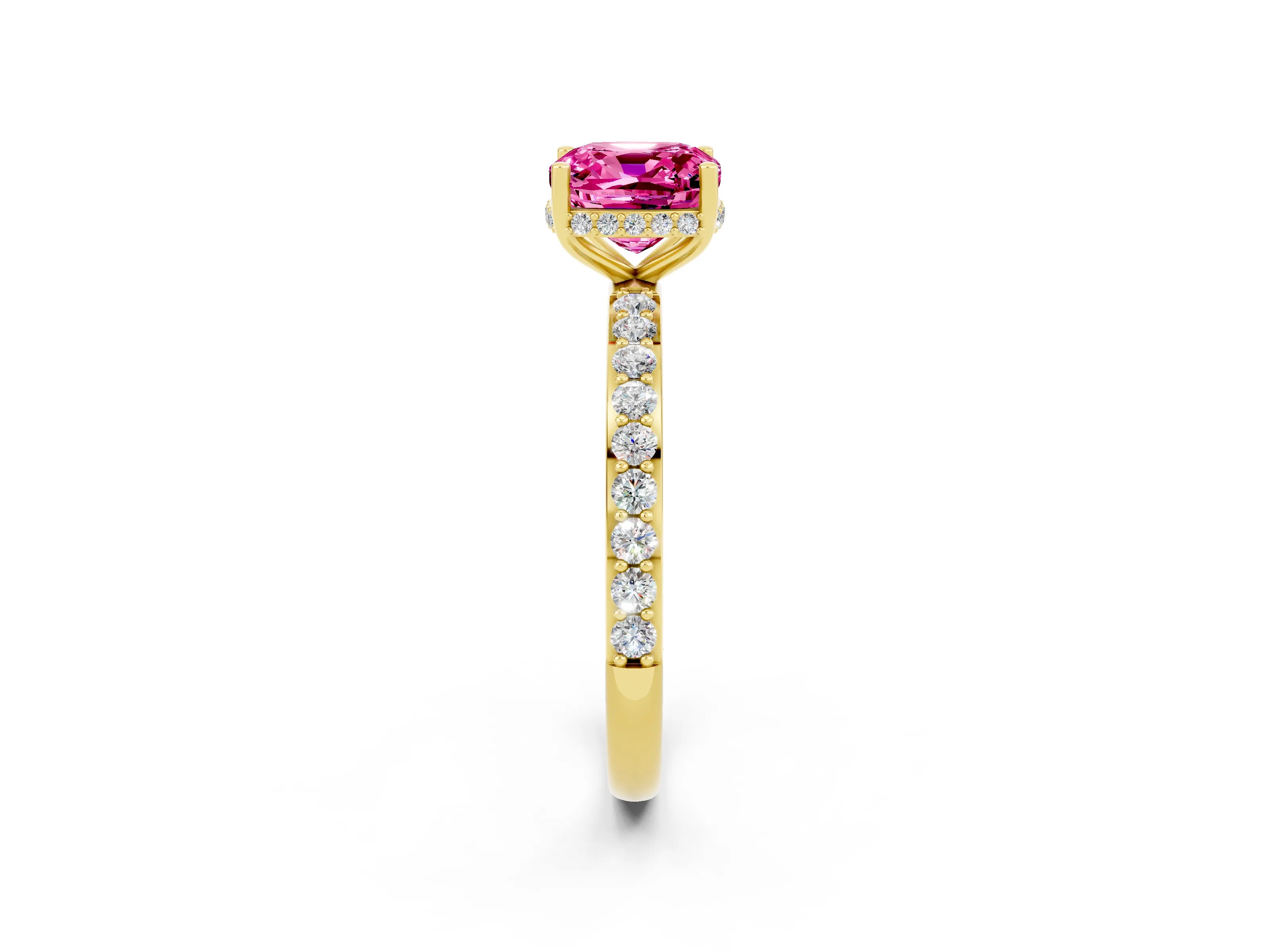 Yellow gold Cushion Cut Pink Sapphire Solitaire Ring with Pavé Band and Hidden Halo_14
