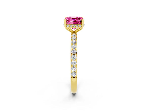 Yellow gold Cushion Cut Pink Sapphire Solitaire Ring with Pavé Band and Hidden Halo
