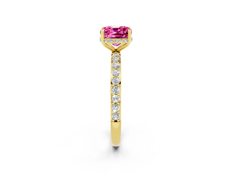 Yellow gold Cushion Cut Pink Sapphire Solitaire Ring with Pavé Band and Hidden Halo_14