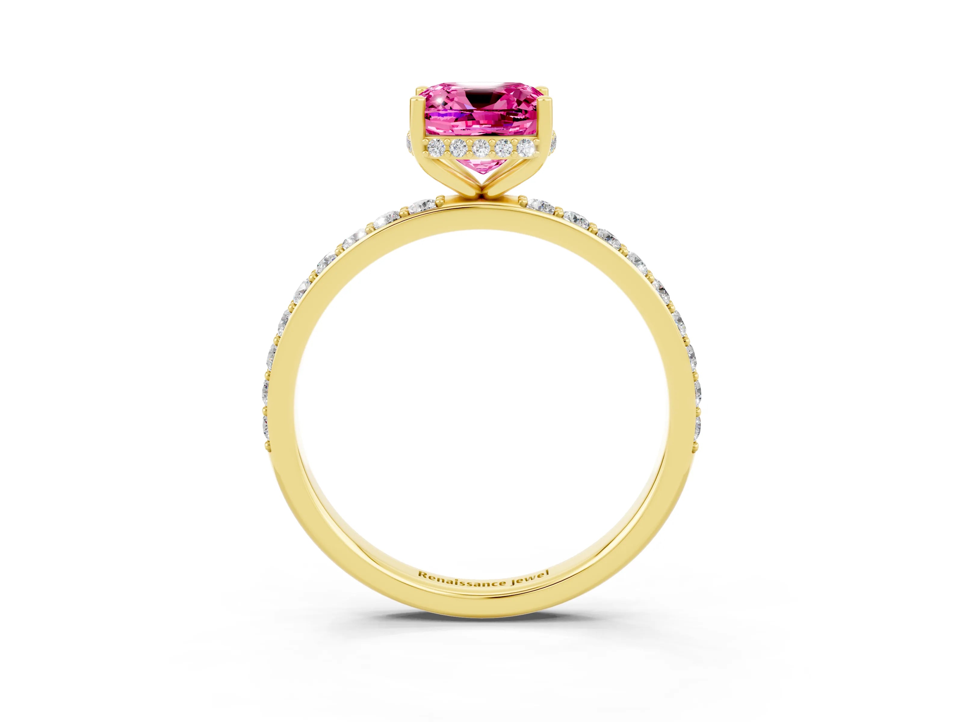 Yellow gold Cushion Cut Pink Sapphire Solitaire Ring with Pavé Band and Hidden Halo_15