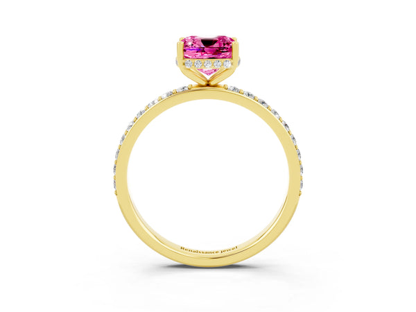 Yellow gold Cushion Cut Pink Sapphire Solitaire Ring with Pavé Band and Hidden Halo