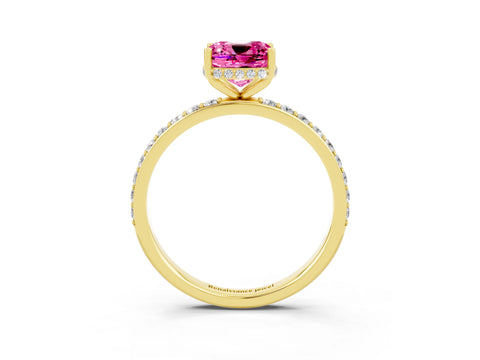 Yellow gold Cushion Cut Pink Sapphire Solitaire Ring with Pavé Band and Hidden Halo_15
