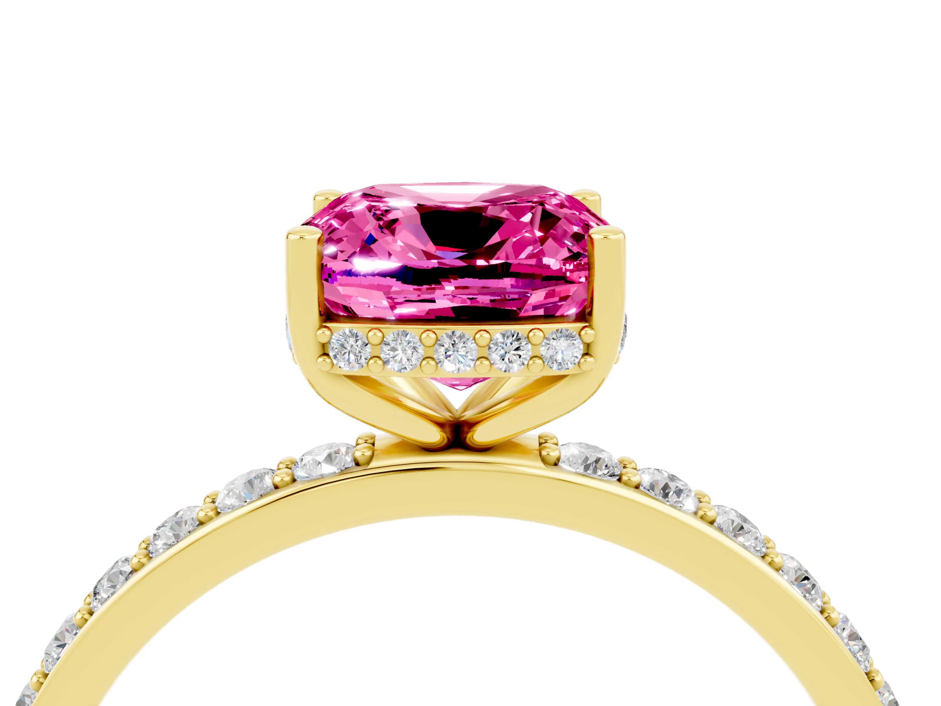 Yellow gold Cushion Cut Pink Sapphire Solitaire Ring with Pavé Band and Hidden Halo_16