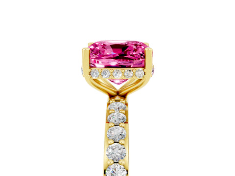 Yellow gold Cushion Cut Pink Sapphire Solitaire Ring with Pavé Band and Hidden Halo_17