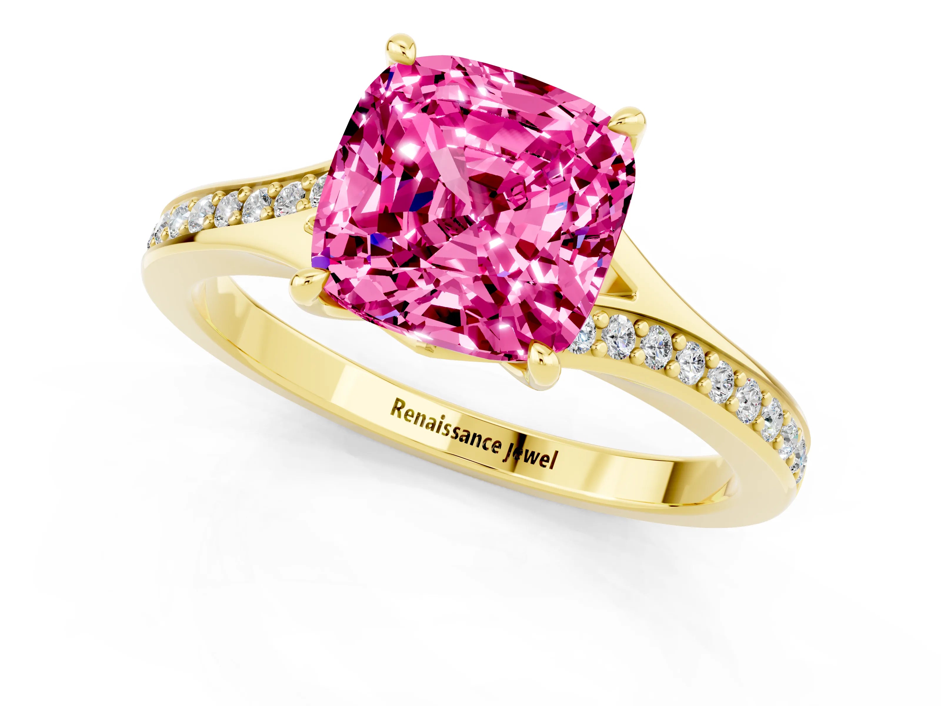 Yellow gold Cushion Cut Pink Sapphire Solitaire Ring with Pavé Band and Prong Setting_1