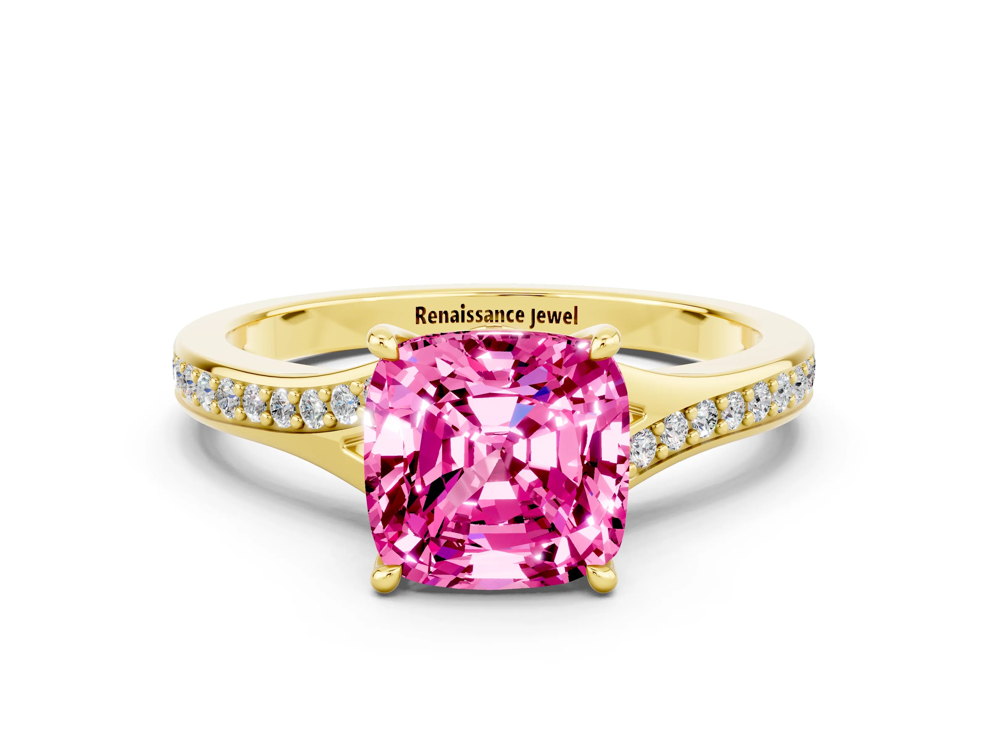 Yellow gold Cushion Cut Pink Sapphire Solitaire Ring with Pavé Band and Prong Setting_12