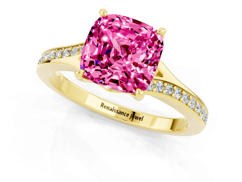 Yellow gold Cushion Cut Pink Sapphire Solitaire Ring with Pavé Band and Prong Setting_13