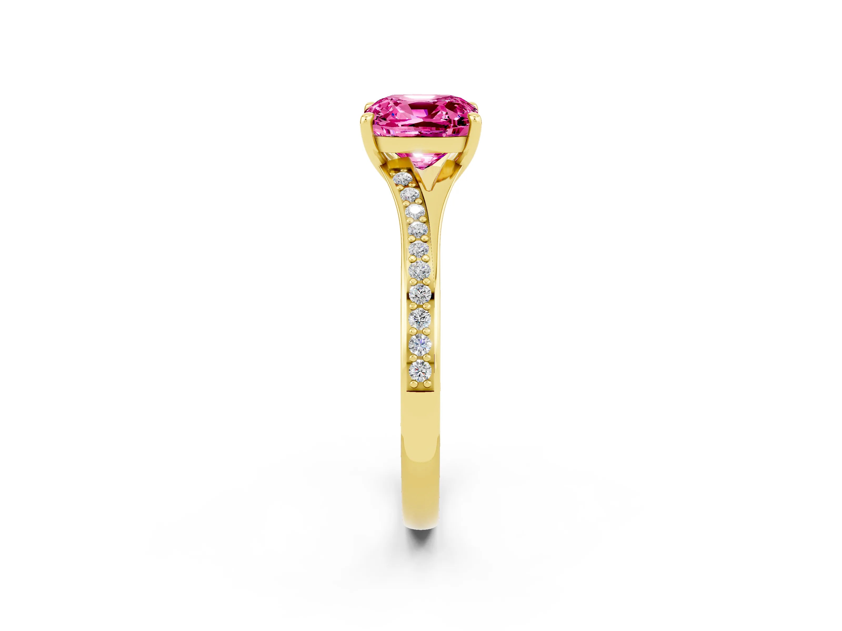 Yellow gold Cushion Cut Pink Sapphire Solitaire Ring with Pavé Band and Prong Setting_14