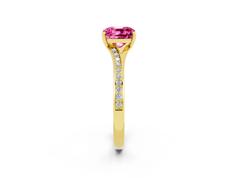 Yellow gold Cushion Cut Pink Sapphire Solitaire Ring with Pavé Band and Prong Setting_14