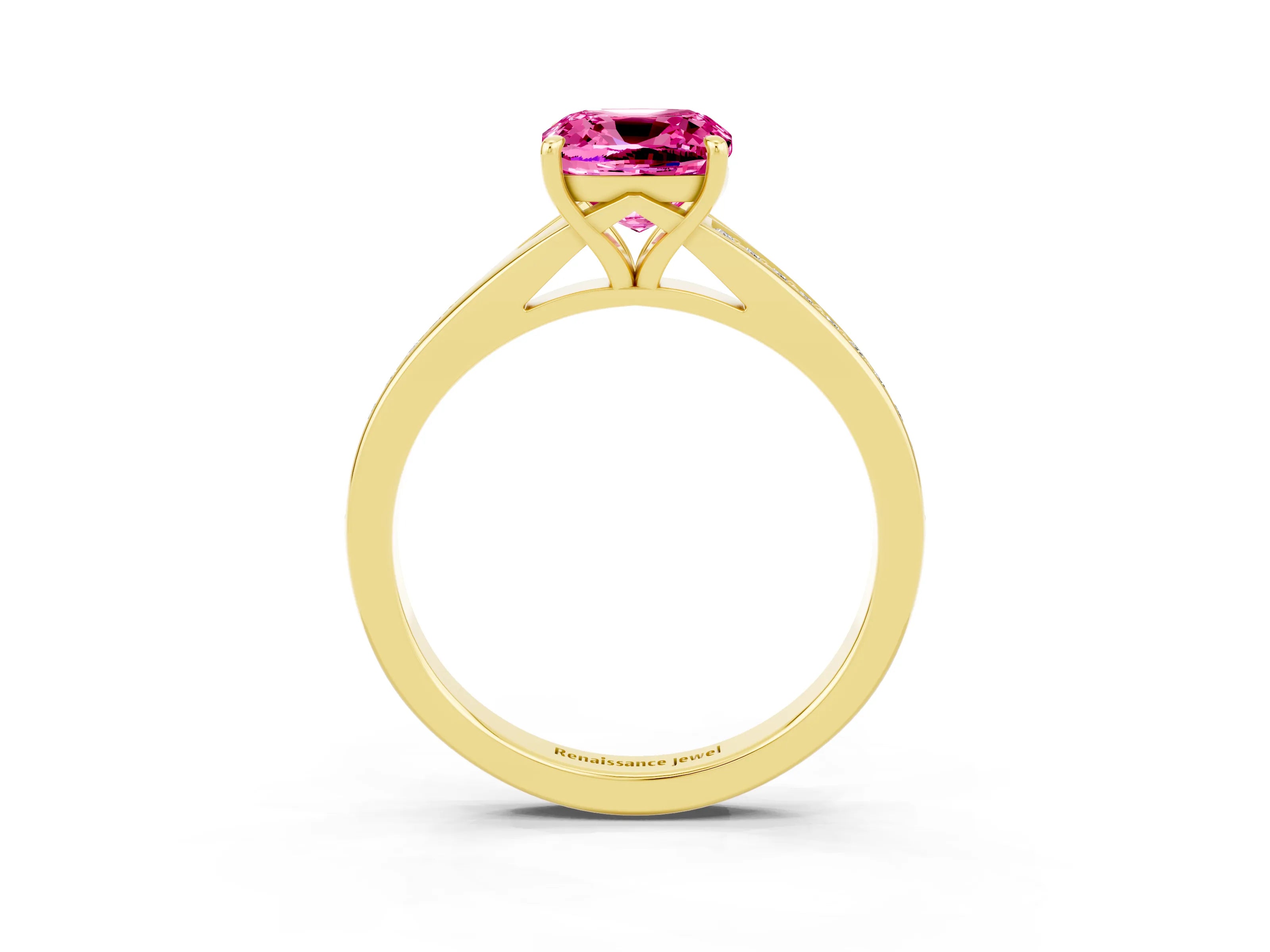 Yellow gold Cushion Cut Pink Sapphire Solitaire Ring with Pavé Band and Prong Setting_15